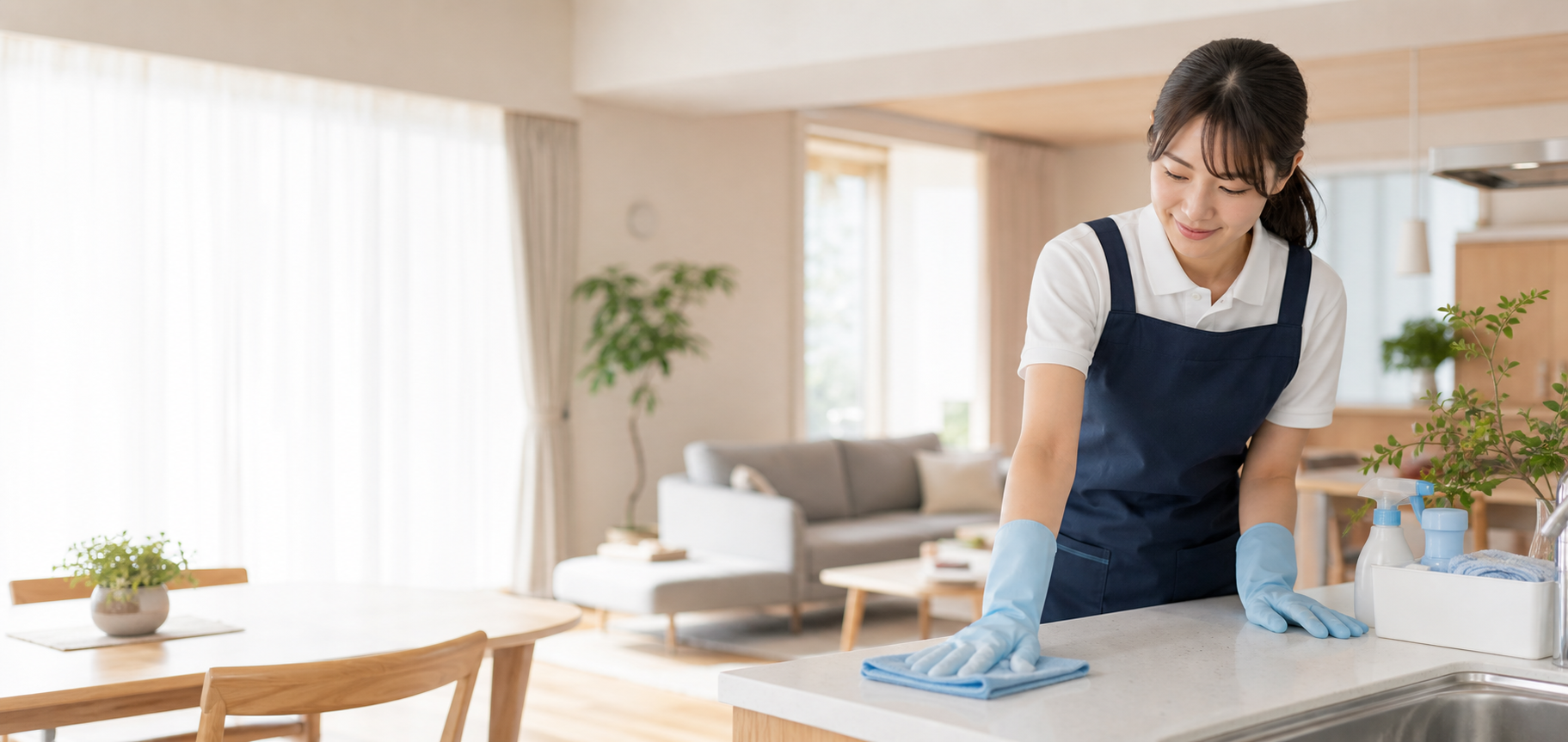 女性スタッフが清掃している明るい住まいの室内
